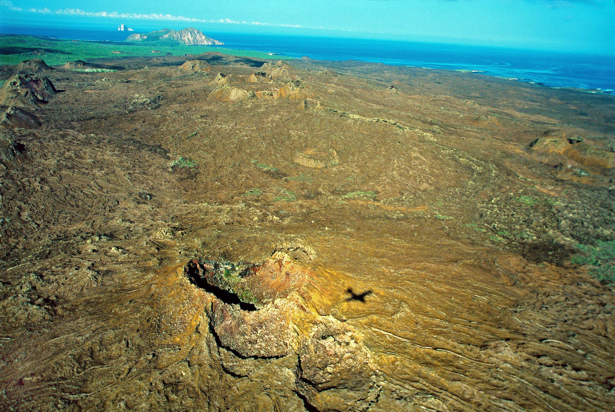 Darwin's "craterized district" on San Cristobal, seen from the air. The shadow of the small plane, from which I took this photograph as I leaned out an open cargo door secured by a rope, can be seen below. At the top left-hand side of the image is Cerro Brujo, a 1,200-foot tuff crater that Darwin examined on 21-22 September 1835.  He and his assistant Syms Covington camped on the shore somewhere to the right of Cerro Brujo.  In his Journal of Reseraches Darwin provided the following vivid description of this part of the island: "One night I slept on shore, on a part of the islands where some black cones--the former chimneys of the subterranean heated fluids--were extraordinarily numerous.  . . . Nothing can be imagined more rough and horrid than the surface of the more modern streams. These have aptly been compared to the sea petrified in its most boisterous moments" (Journal of Researches, 1839, p. 455).