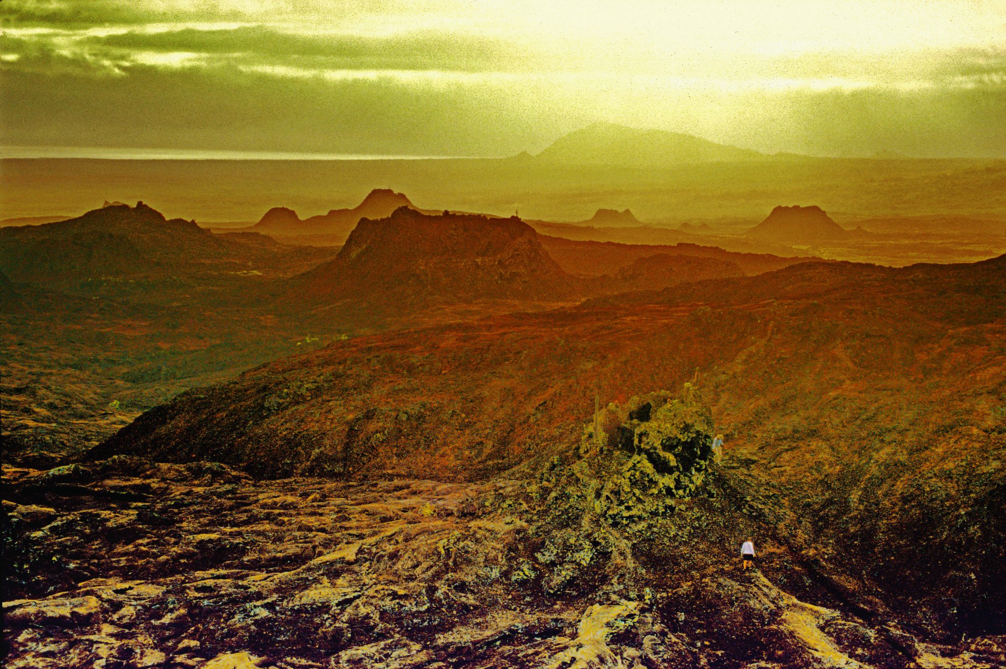 An area of recent lava flows on San Cristóbal (Chatham Island).   Darwin describes visiting this heavily "craterized district" on 21-22 September 1835. He camped on the shore somewhere  to the right of the large tuff-stone crater (Cerro Brujo) visible at the top of the photograph.  The person visible in the lower right-hand area of this image is Michael Shermer, who accompanied me during this 2004 fieldtrip to the Galápagos and who has also contributed the Foreword to Darwin and His Bears.