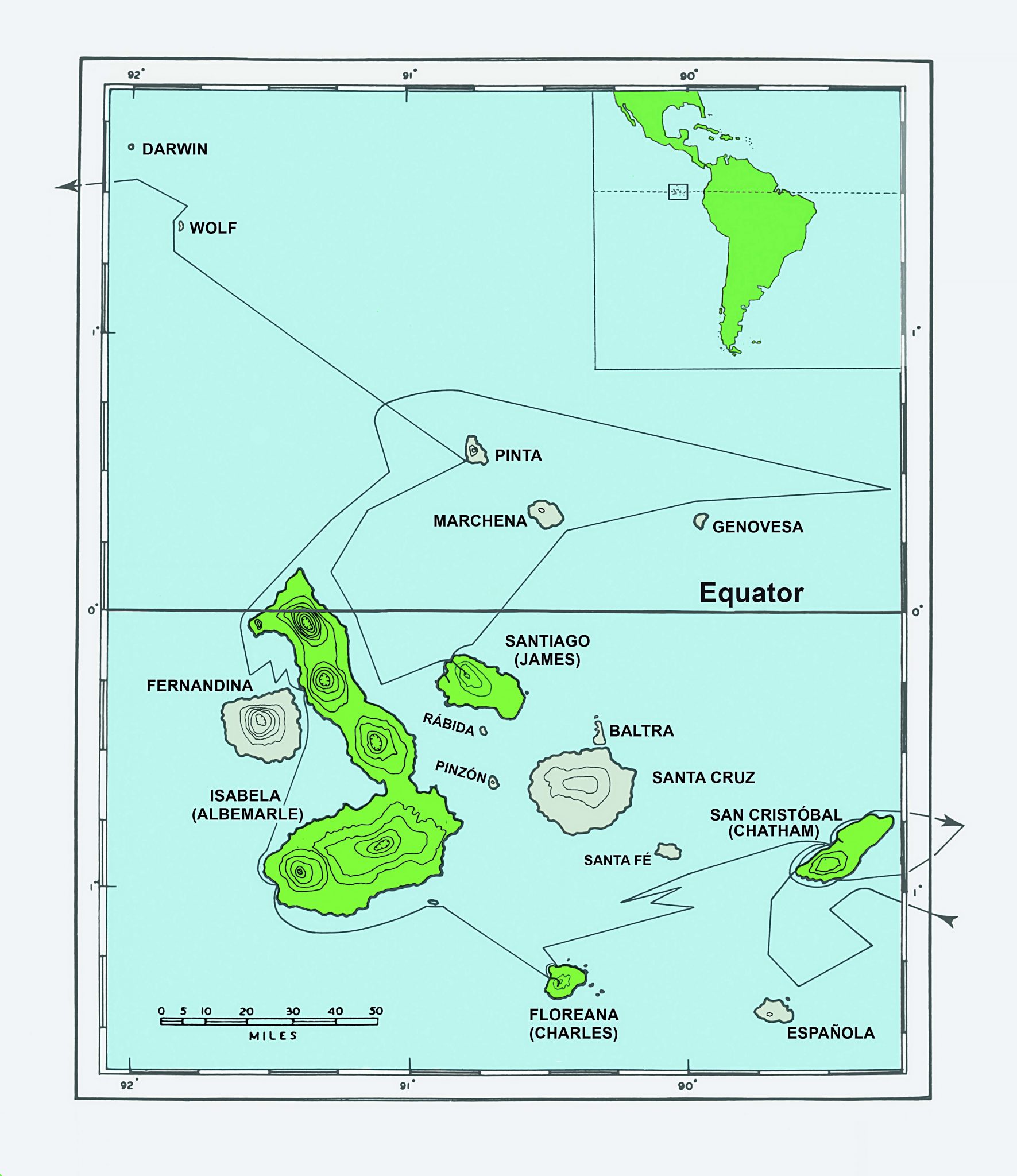 Darwin spent five weeks in the Galápagos Islands (16 September to 20 October 1835).  This map shows Darwin's route through the archipelago on H.M.S. Beagle .  He visited the four islands shaded in green (map from Darwin and His Bears, p. 10).