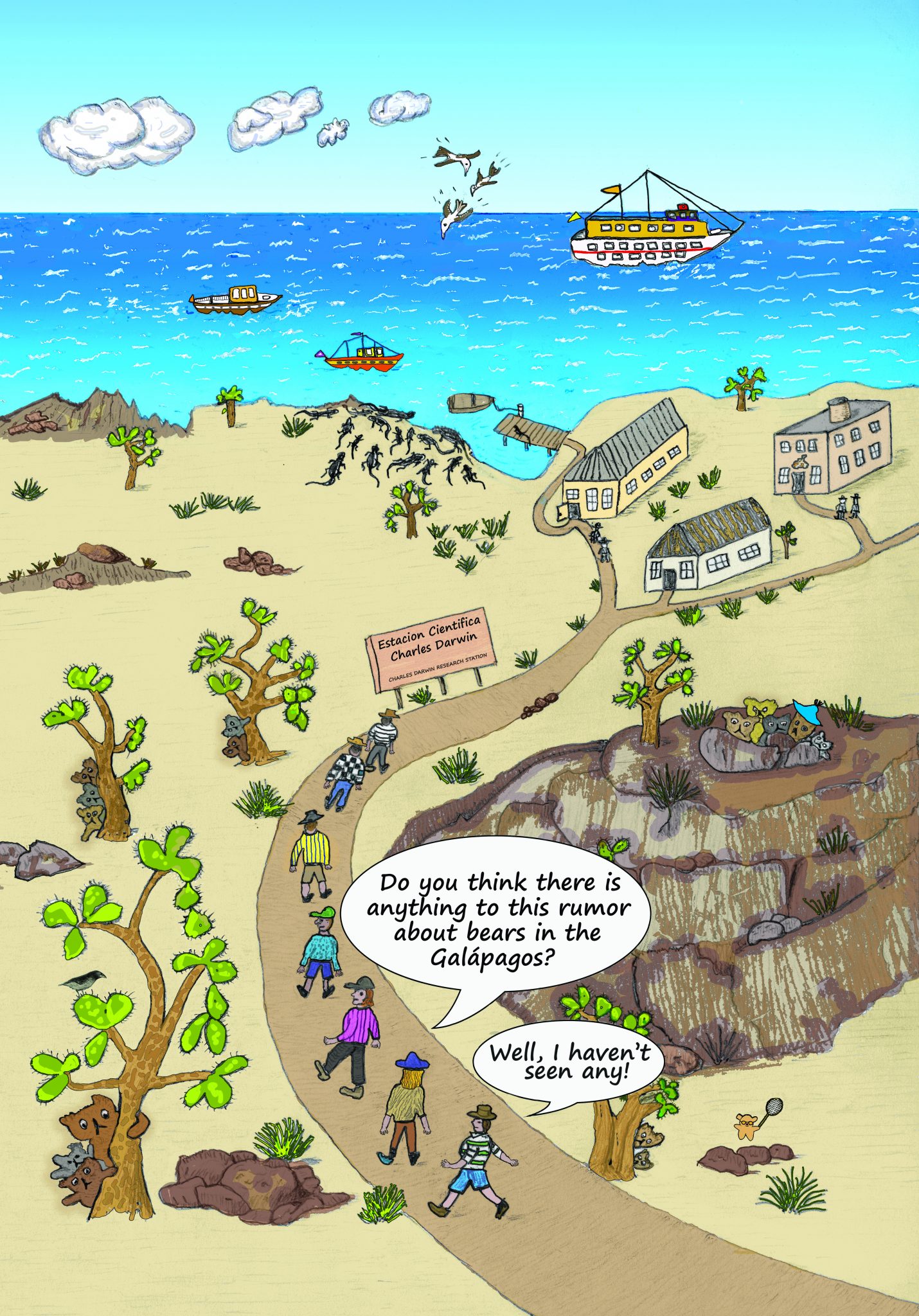 As reported in Darwin and His Bears, bear sightings in the Galápagos are relatively rare given that the bears tend to avoid contact with people they do not already know, such as their friends at the Darwin Research Station and Galápagos National Park Directorate.   Still, there have been a number of purported bear sightings as documented in the following photographs.   (Illustration from Darwin and His Bears, page 121.)